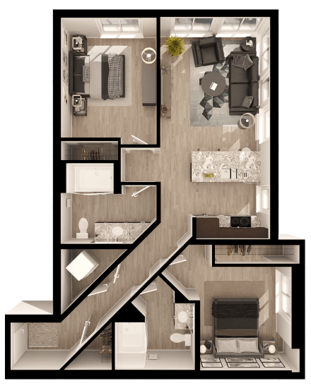 Floor plan for 2 beds, 2 baths, 984 sqft